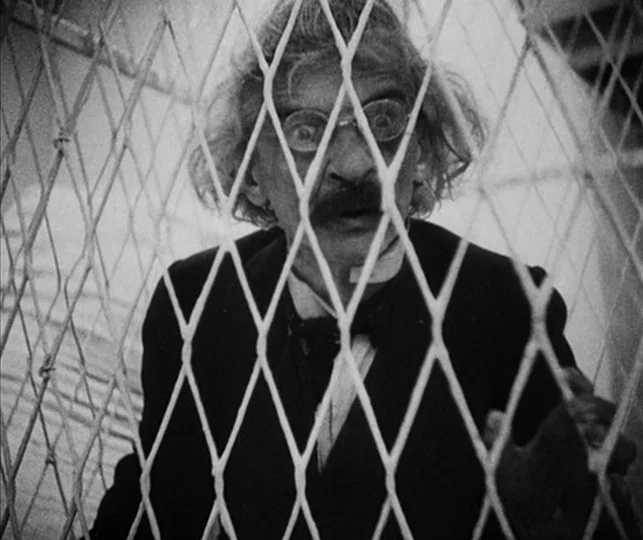 Vampyr (1932) movie still: closeup — An interior shot shows a disheveled elderly man appearing behind a thick wire mesh. He stands behind the…