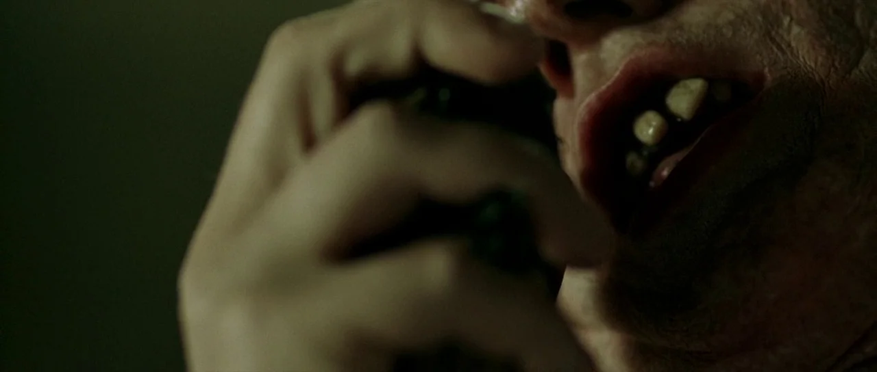 The Hills Have Eyes (2006) movie still: closeup — A close-up of a human hand holding a dark object toward an open mouth. The skin appears aged and…