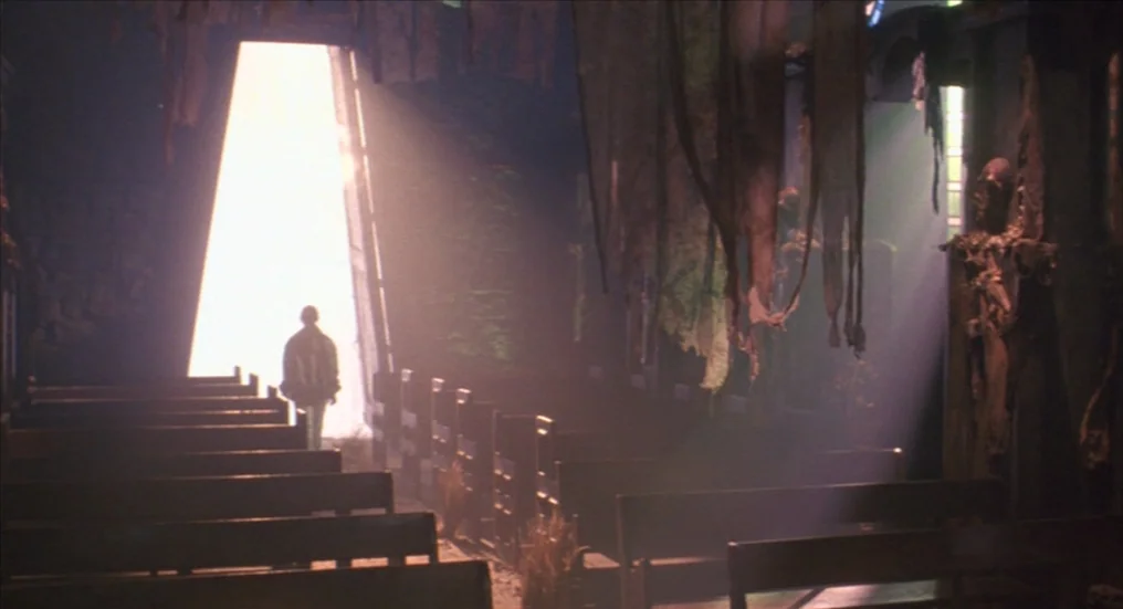 A Nightmare On Elm Street 4: The Dream Master (1988) movie still: wide — A dilapidated, dusty church interior features rows of wooden pews and…