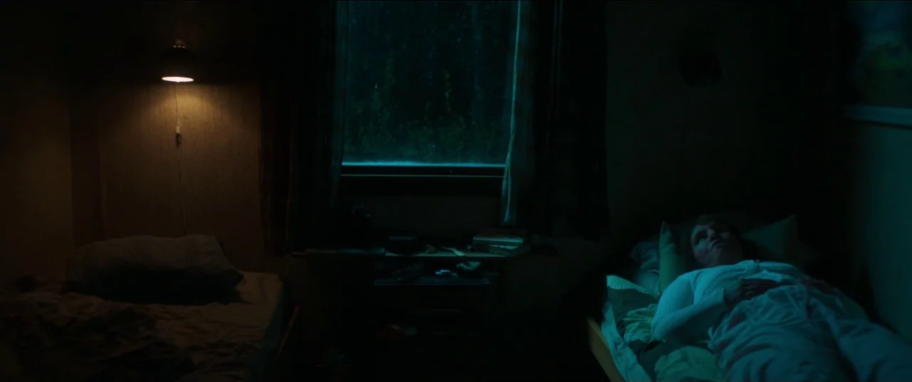 Border movie still: wide — A dark, spartan room features two single beds separated by a small window. A woman lies in one bed, illuminated faintly…