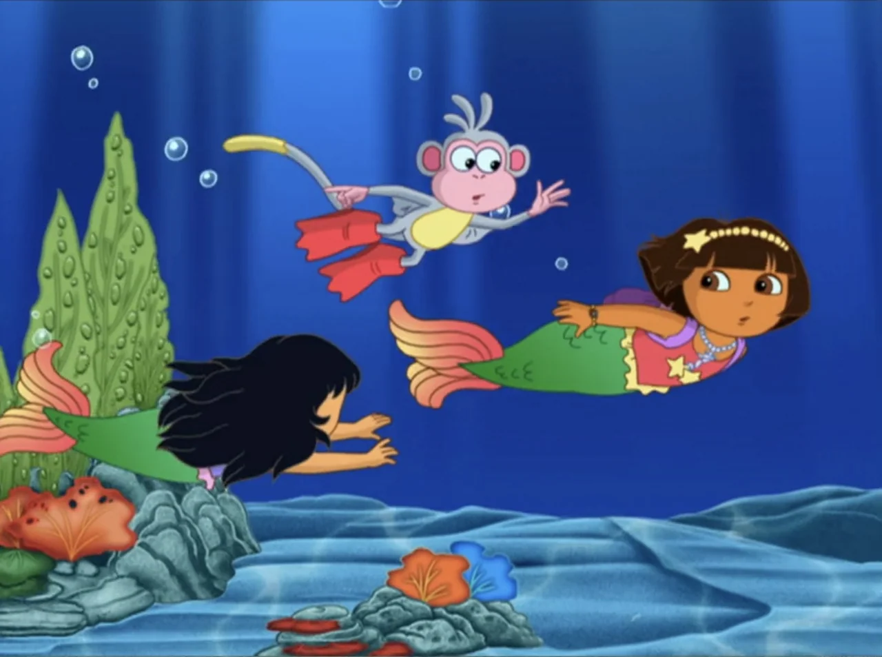 Dora the Explorer: Mermaid Adventures (2025) movie still: medium — A vibrant animated underwater landscape with coral rocks and seaweed on the…