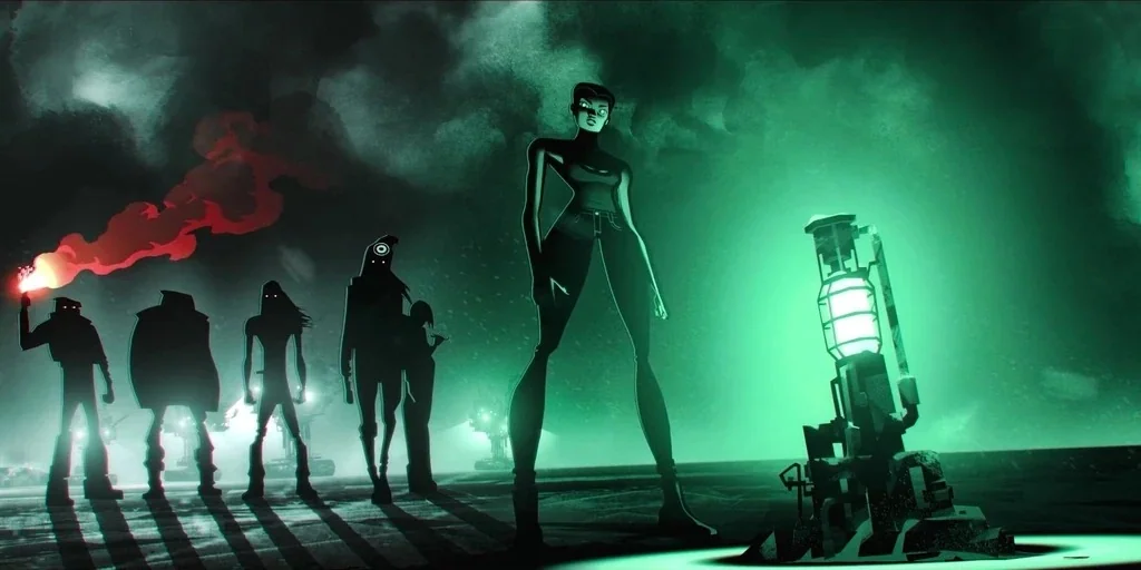 Love, Death & Robots (2019) movie still: fullbody — A group of silhouetted figures stands on a dark, flat expanse. A bright green lantern…