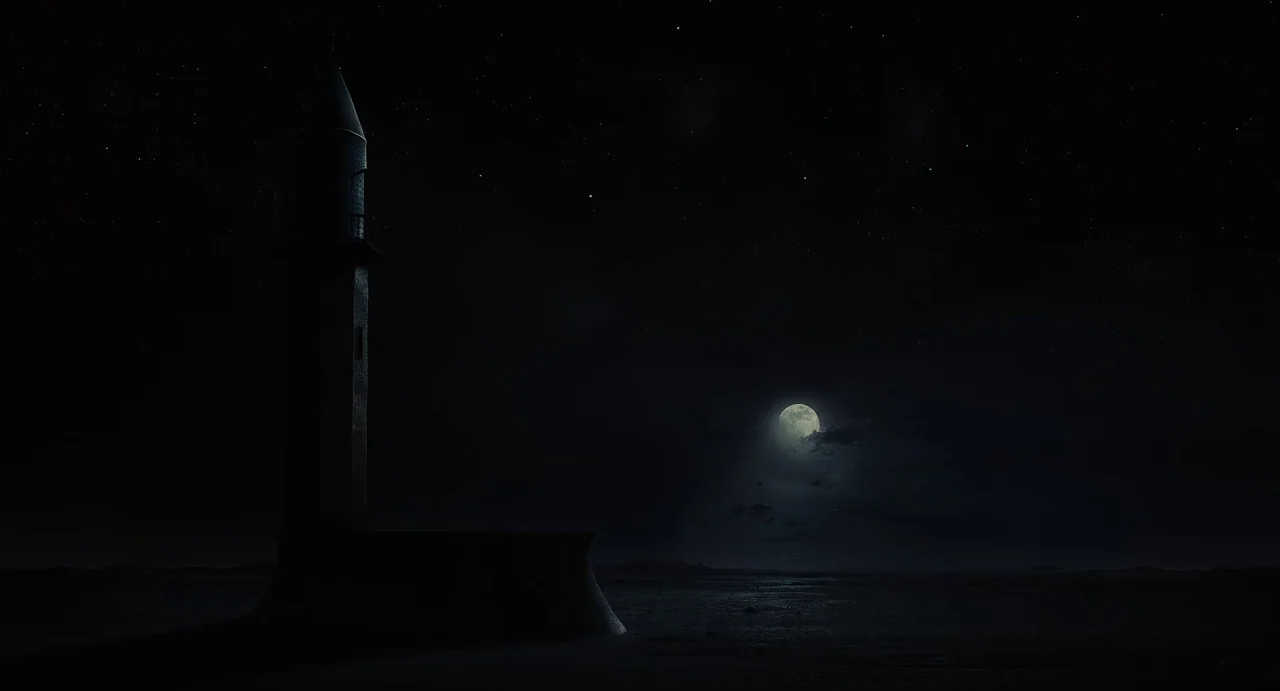 The Immortals (2011) movie still: establishing — A dark silhouette of a lighthouse stands against a vast night sky. A full moon partially hidden by…