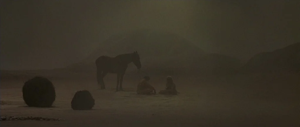 Fellini – Satyricon (1969) movie still: wide — A vast, desolate desert landscape is blanketed in thick, obscuring dust or sandstorms. Two people sit…