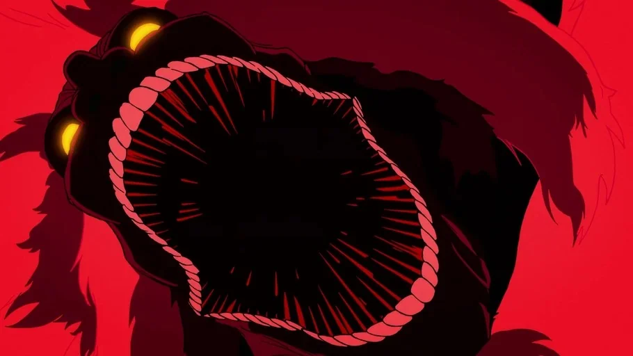 Dan Da Dan: First Encounter (2024) movie still: closeup — A dark creature is shown in close-up against a bright red background. The creature is…