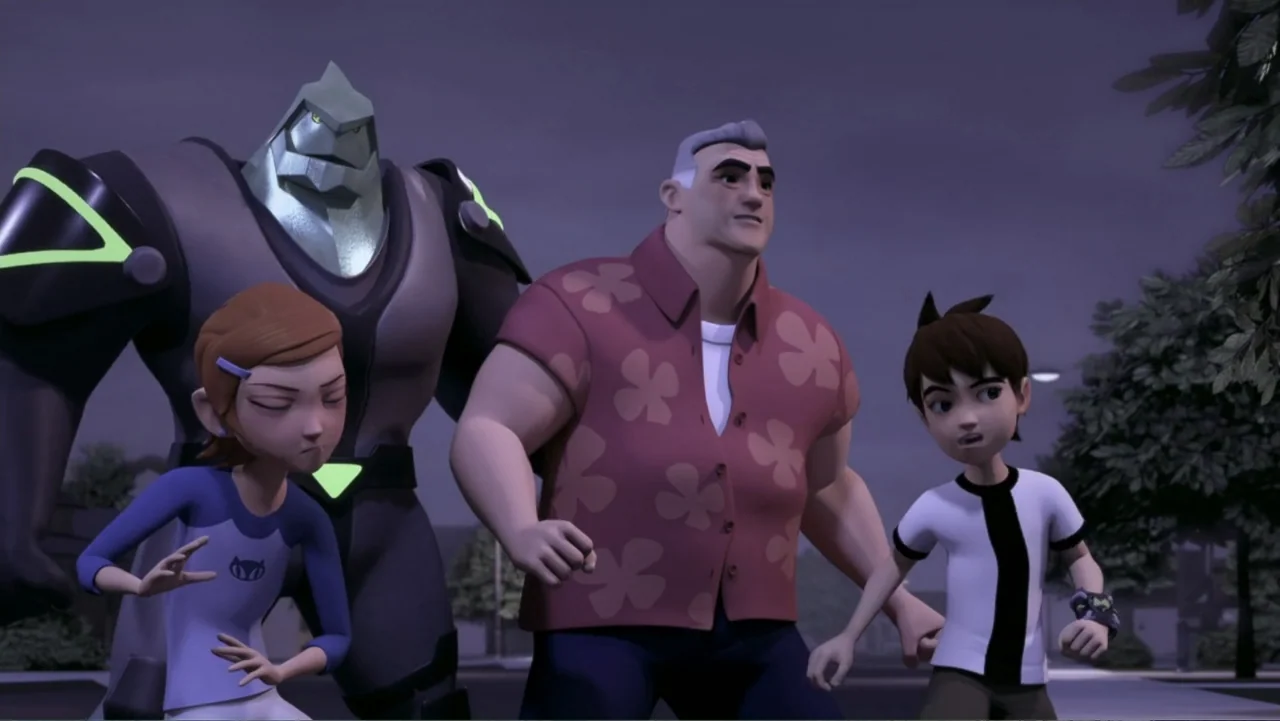 Ben 10: Destroy All Aliens (2012) movie still: medium — A group of four characters stands on a suburban road at dusk near dark trees. An older man,…