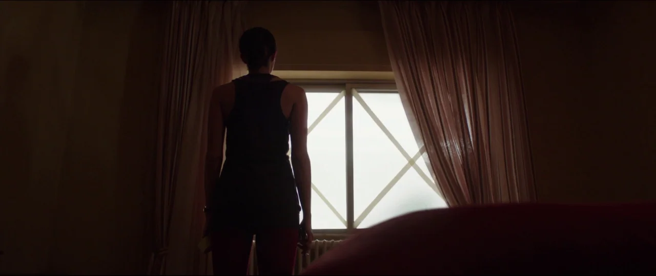 Under The Shadow (2016) movie still: medium — A dark room with light streaming through a multi-paned window behind draped curtains. A woman stands…