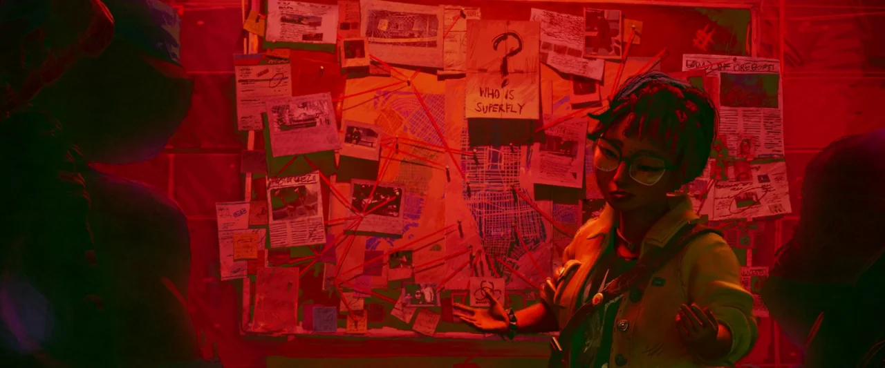 Teenage Mutant Ninja Turtles: Mutant Mayhem (2023) movie still: medium — A dark basement wall is covered with a corkboard featuring maps and red…