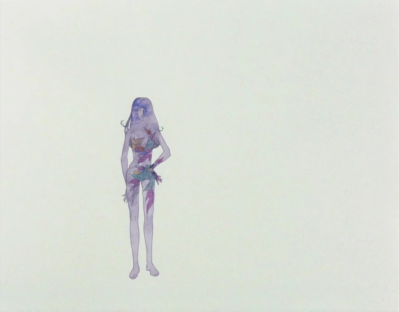 Belladonna of Sadness (1973) movie still: fullbody — A stark white, empty void contains a single standing figure. The figure displays geometric,…