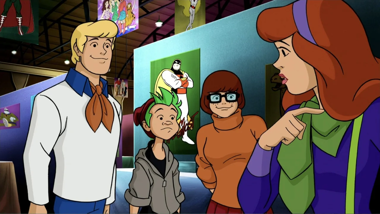 Scooby-Doo! Mask of the Blue Falcon (2012) movie still: medium — A bustling convention hall filled with superhero posters on the walls. Four young…