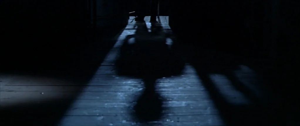 The Moon in the Gutter (1983) movie still: wide — A dark, empty hallway features horizontal wooden floorboards illuminated by a single thin beam. A…