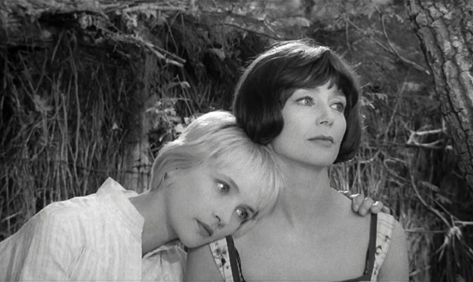Thérèse Desqueyroux (1962) movie still: medium — Dense woodland with thickets of twigs and tree bark behind the two women. The blonde woman leans…