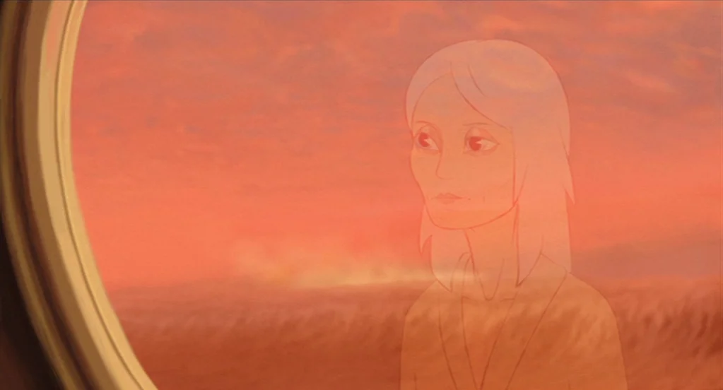 The Congress (2013) movie still: closeup — A translucent figure appears superimposed over a sunset view seen through a circular window. The woman…