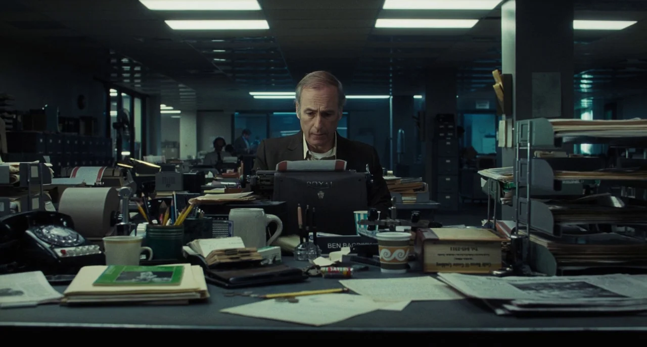 The Post (2017) movie still: medium — A cluttered 1970s office interior with rows of desks and stacks of paperwork. A middle-aged man in a brown…
