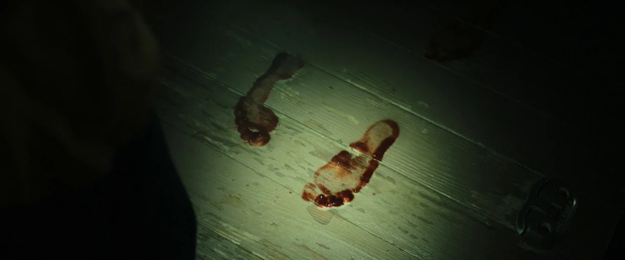 The Night House (2020) movie still: closeup — A dark, worn wooden floor is lit by a narrow beam of concentrated light. Bloody bare human footprints…