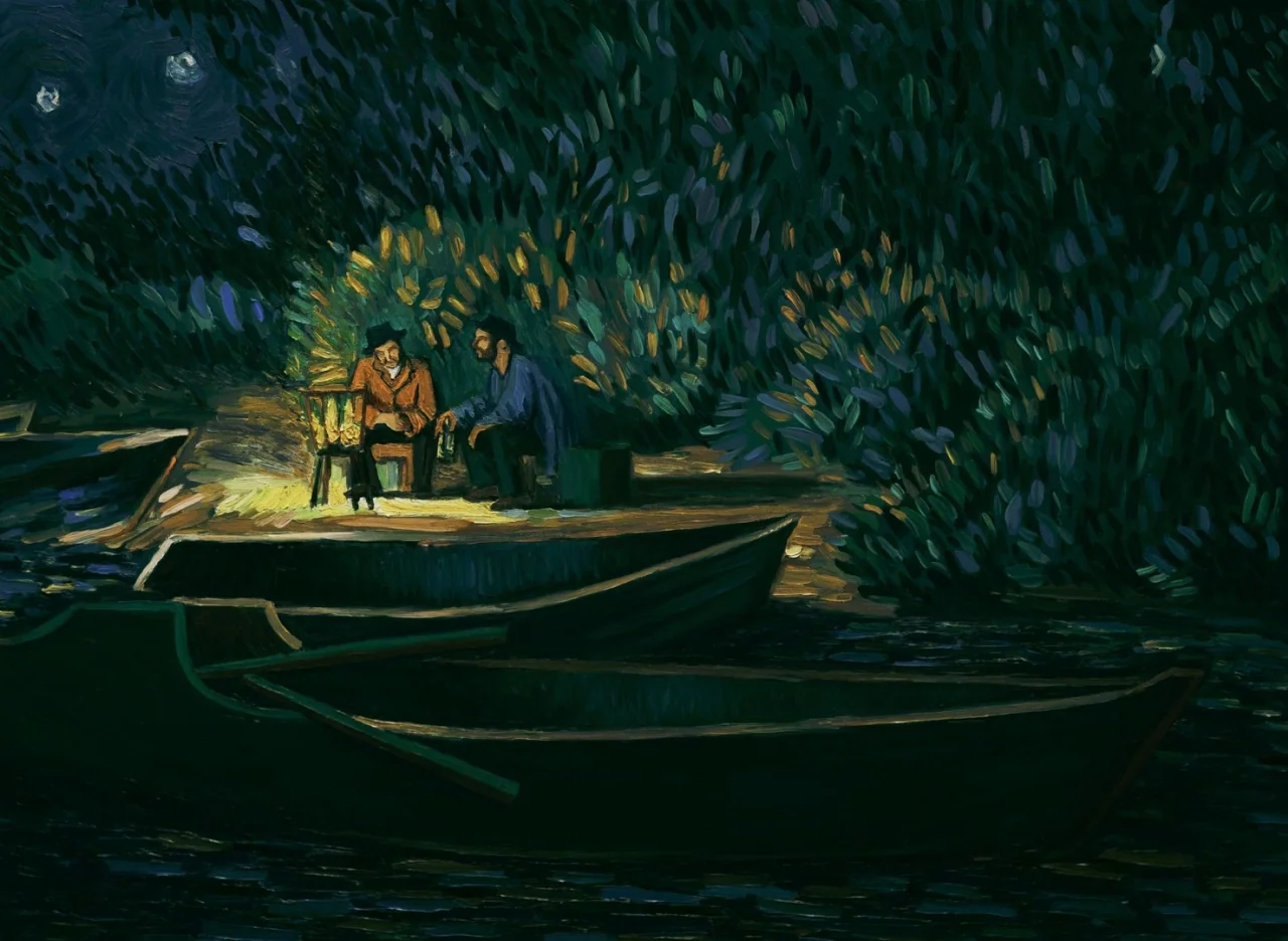 Loving Vincent (2017) movie still: wide — Two men sit on a wooden bank under a night sky with visible stars. A lantern on the dock provides the sole…