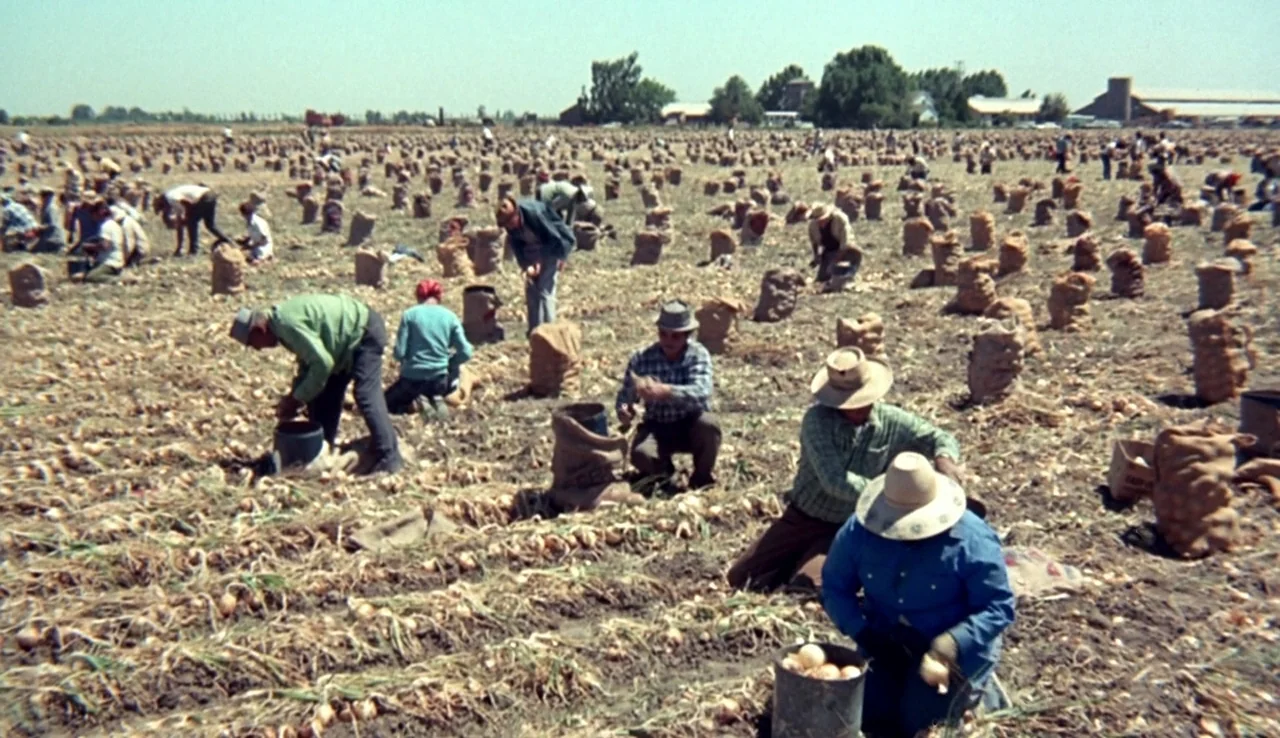 Fat City (1972) movie still: wide — An expansive flat agricultural field is filled with dozens of laborers harvesting crops. The workers kneel and…