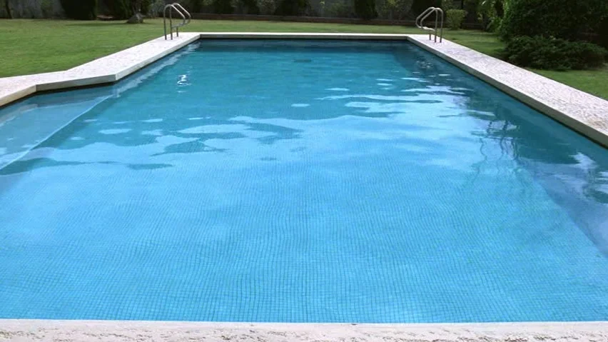 The Terrorizers (1986) movie still: wide — A rectangular backyard swimming pool is bordered by stone coping and lush green grass. The water is clear…