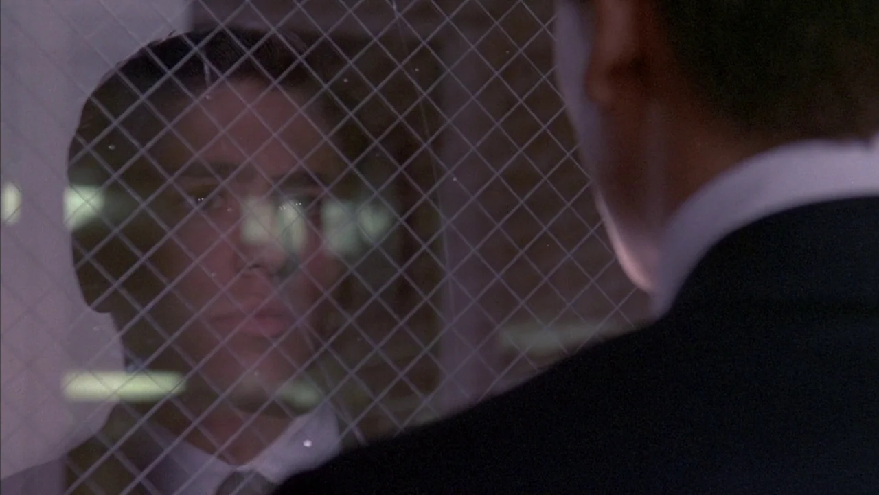 Baby It’s You (1983) movie still: closeup — A man stands behind a window with a grid of wire reinforcement. He gazes into the reflection while a…
