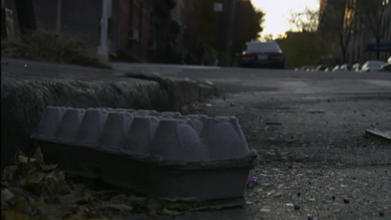 Murder Party movie still: closeup — An empty cardboard egg carton sits on the asphalt edge of a residential street. A car is parked further down the…