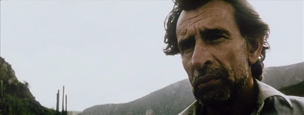 Japón (2002) movie still: closeup — A man stands in a desolate landscape featuring sparse cacti and barren hills. He is looking toward the side of…