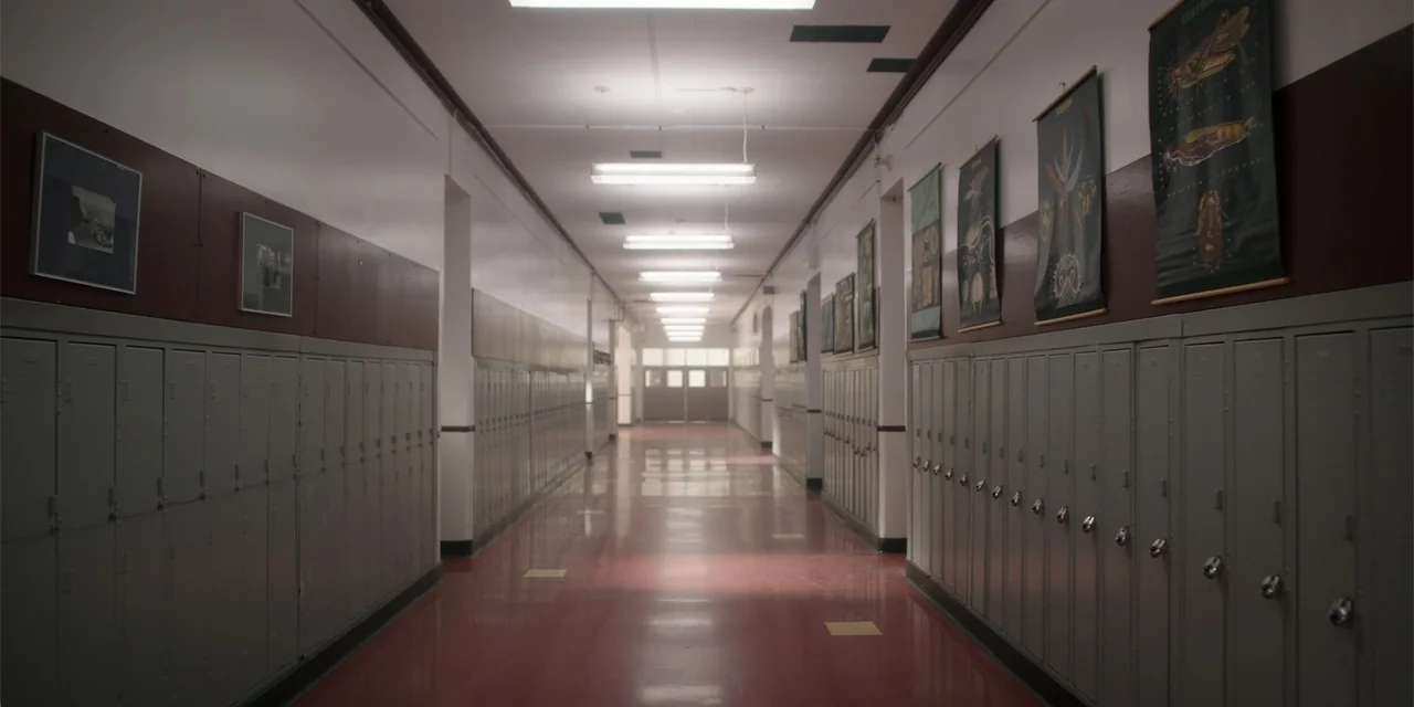 Totally Killer (2023) movie still: establishing — A long school hallway features rows of gray metal lockers and reddish-brown flooring. Educational…