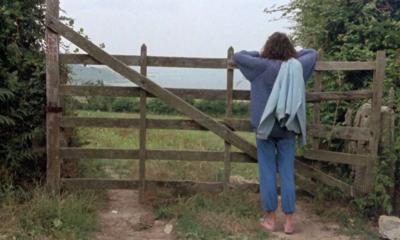The Green Ray (1986) movie still: fullbody — A rural landscape features a weathered wooden fence gate bordering a green grassy field. A person…