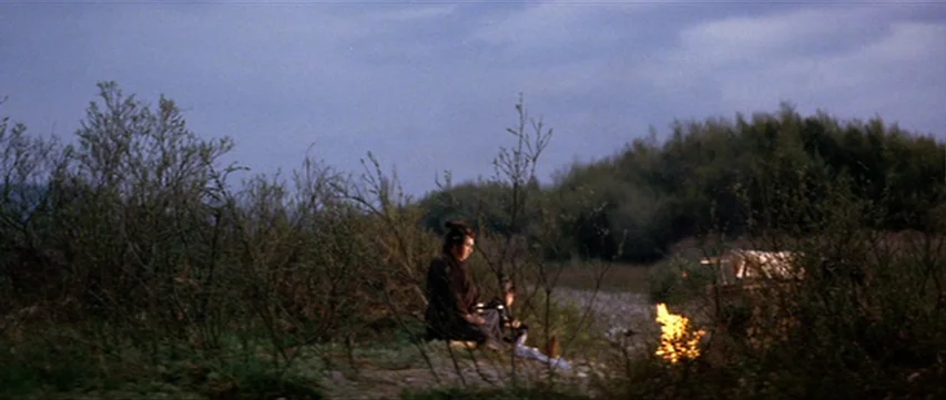 Lone Wolf: Baby Cart at the River Styx (1972) movie still: wide — A sparsely vegetated landscape sits under an overcast blue sky during twilight. A…