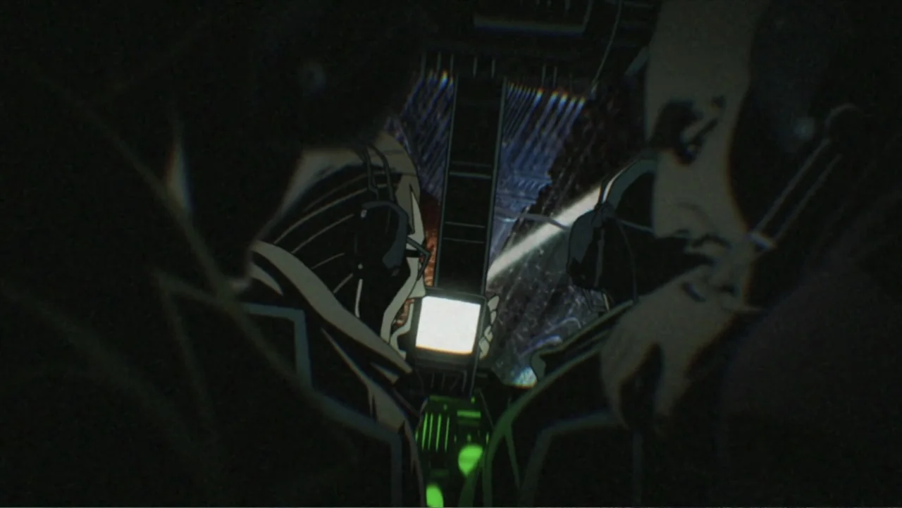 Batman: Gotham Knight (2008) movie still: medium — A dark, cramped technological cockpit interior filled with shadowed instrumentation. Two figures…