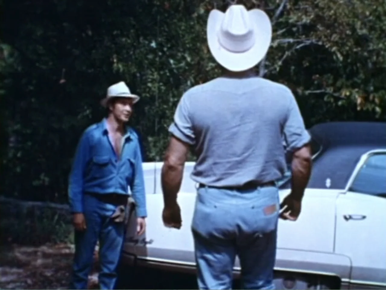 It's Alive (1974) movie still: fullbody — A man in a cowboy hat stands by a parked car in a wooded area. He faces another man who is wearing a…