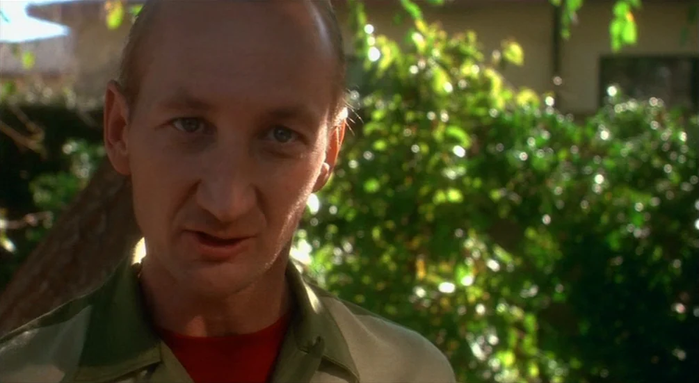 Freddy’s Dead: The Final Nightmare (1991) movie still: closeup — A man stands outdoors in a residential yard filled with lush green shrubs and…