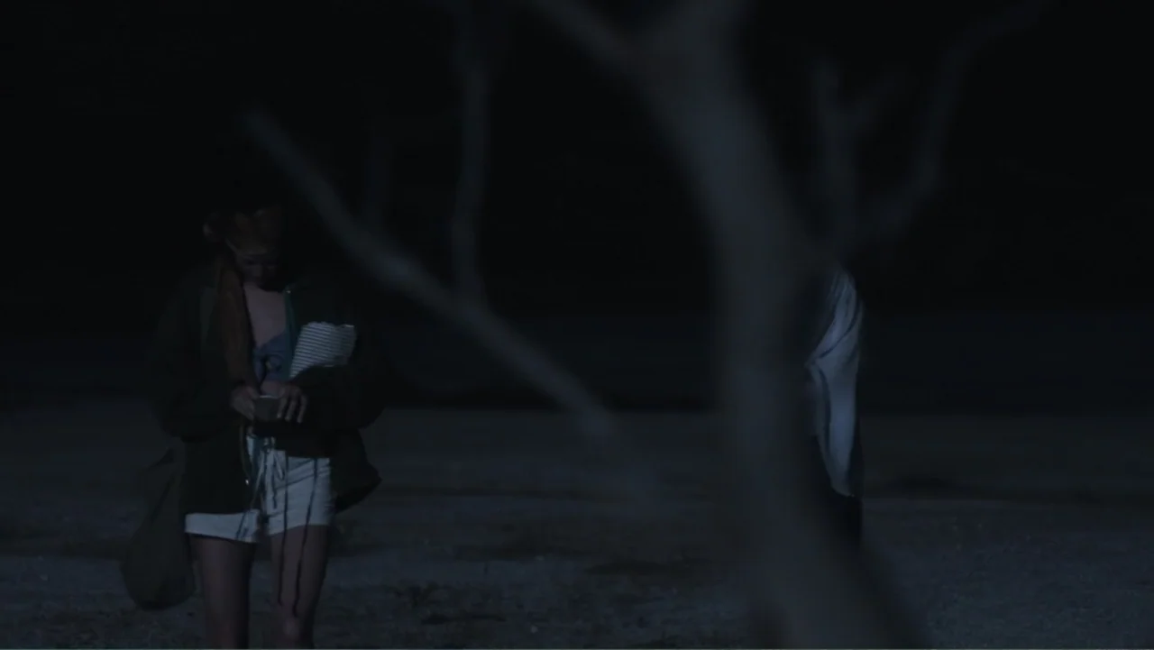 Hot Milk (2025) movie still: medium — An open field at night with a large out-of-focus tree in the foreground. Two individuals stand in the distance…