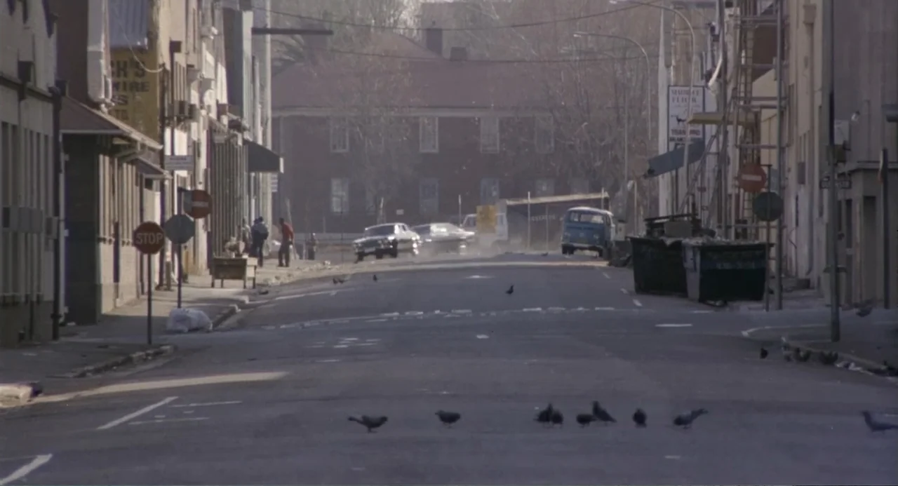 American Ninja 3: Blood Hunt (1989) movie still: establishing — A quiet city street with rows of brick buildings and parked vehicles. Pigeons…
