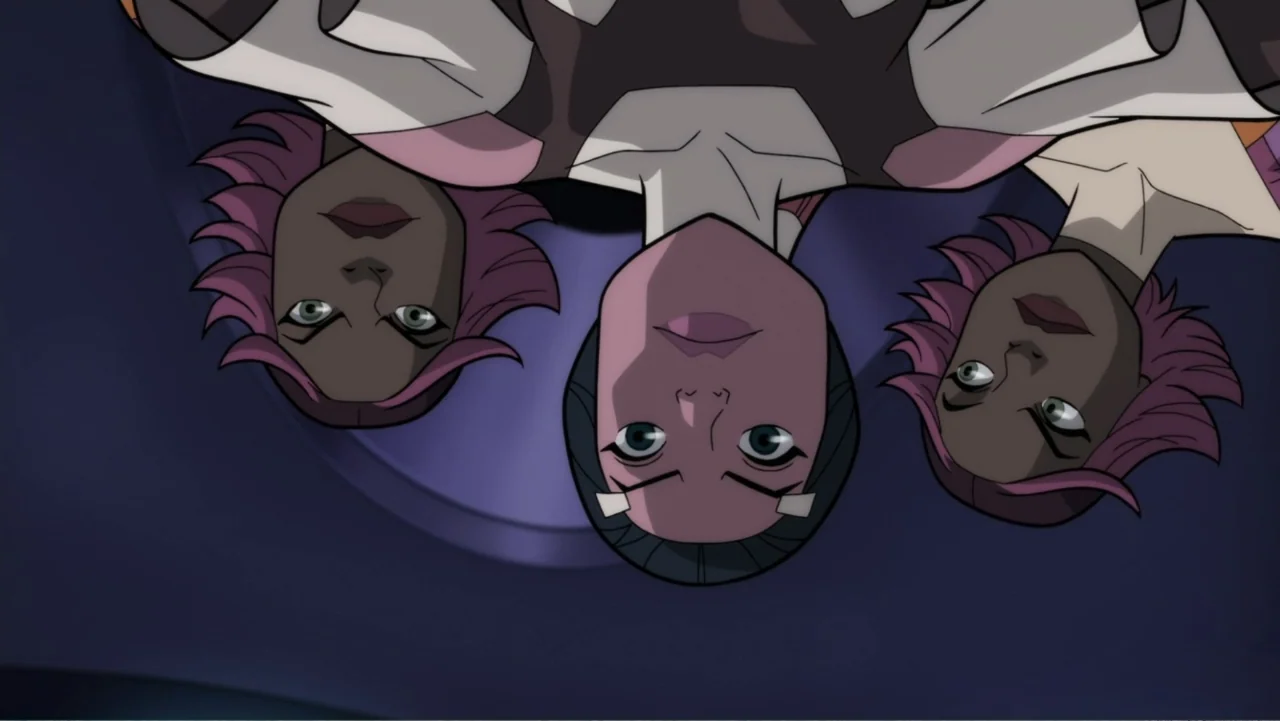 Legion of Super-Heroes (2023) movie still: medium — Three animated female characters are positioned in an upside-down orientation. They look down…