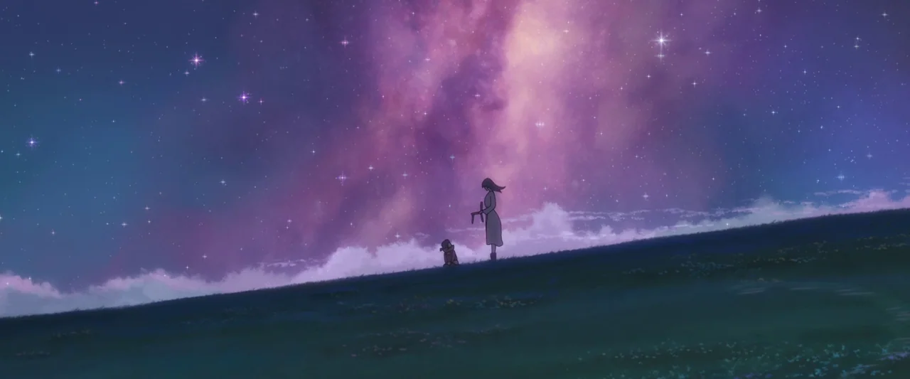 Suzume (2022) movie still: wide — A grassy hill at night sits beneath a vibrant, expansive violet and magenta nebula. A woman and a small child…