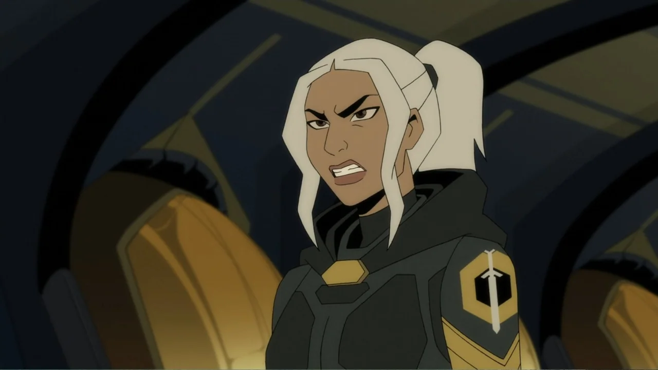 Deathstroke: Knights & Dragons - The Movie (2020) movie still: medium — A dimly lit interior of a futuristic vessel with metallic curved walls and…