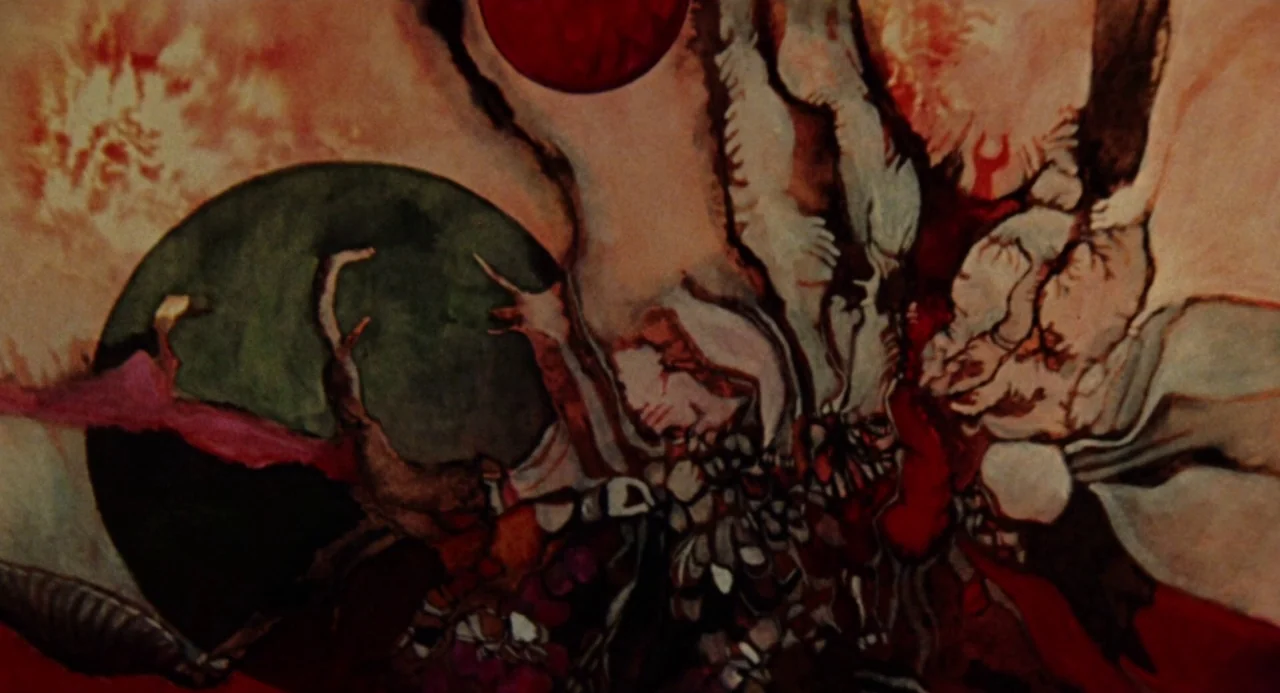 Queen of Blood (1966) movie still: establishing — An abstract watercolor composition features swirling organic shapes and two distinct circular…