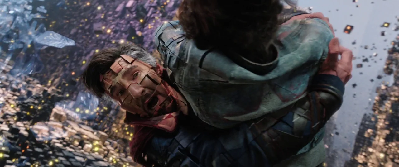 Doctor Strange in the Multiverse of Madness (2022) movie still: closeup — A surreal void composed of floating, geometric stone debris suspended in a…