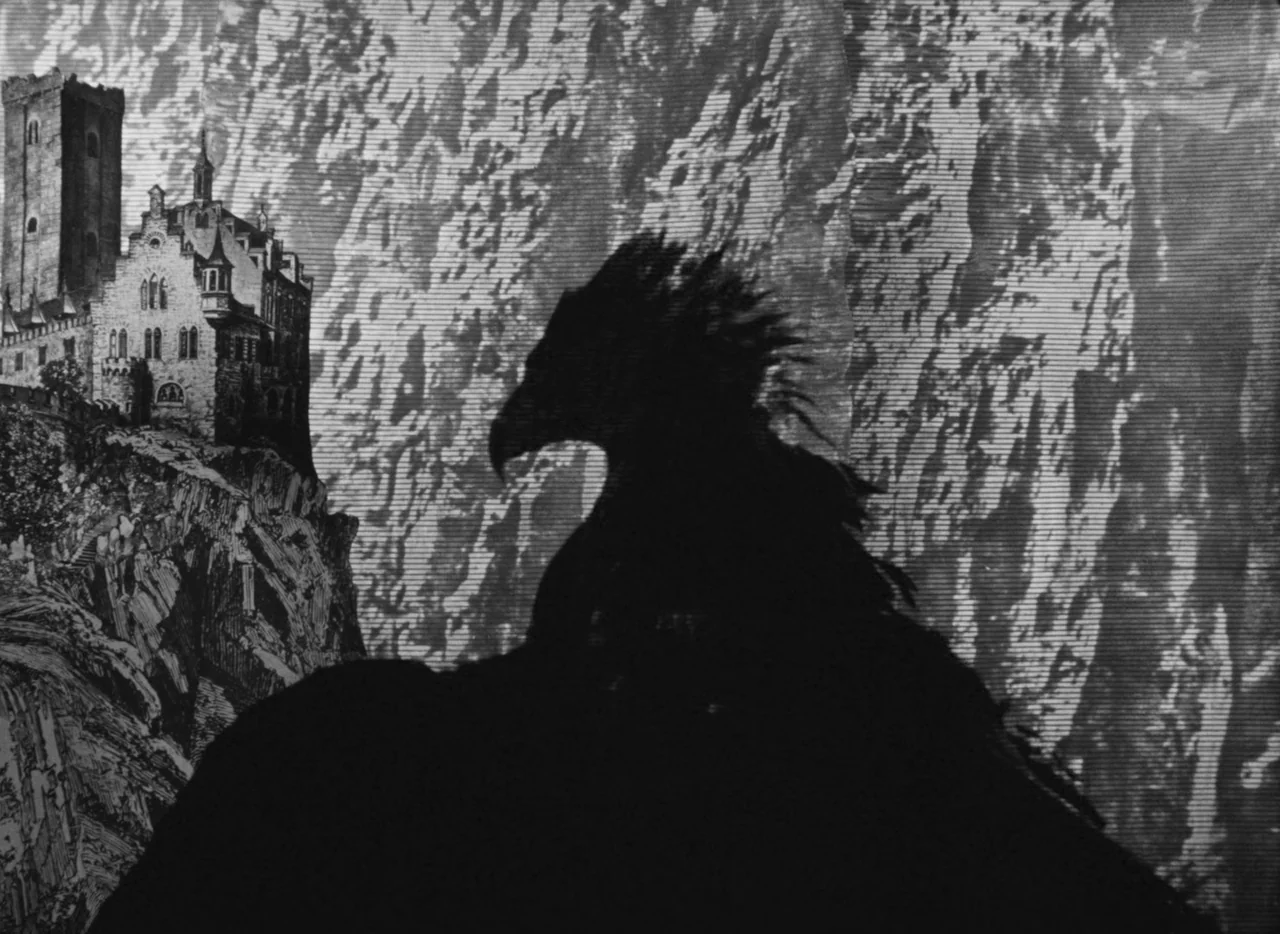 Invention For Destruction (1958) movie still: wide — A high-contrast scene features a large, dark bird silhouette perched in the foreground. A…