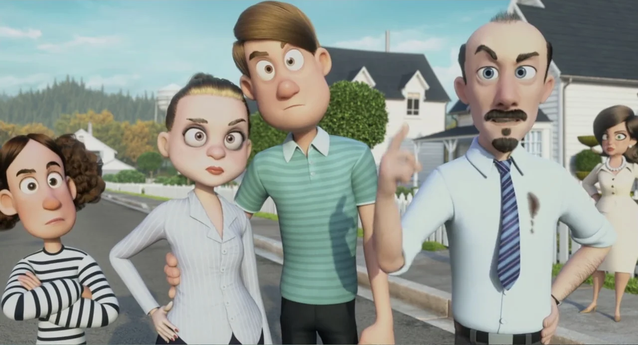 Luis and the Aliens (2018) movie still: medium — A suburban residential street features houses in the background under a clear sky. Four people…