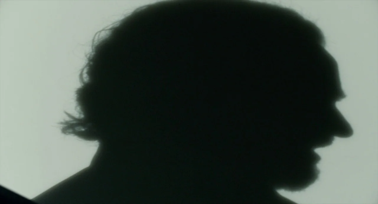 Pain and Glory (2019) movie still: closeup — A silhouette of a man's head and neck appears on a pale, light-colored backdrop. The profile view…