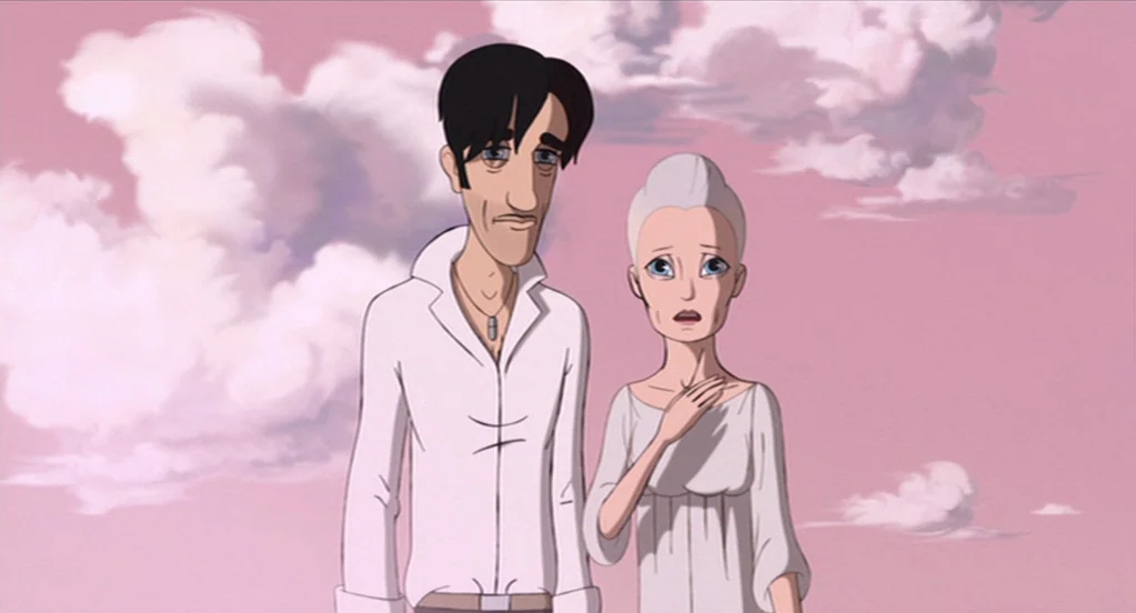 The Congress (2013) movie still: medium — A man and a woman stand against a backdrop of stylized pink clouds. The pair faces forward with neutral…