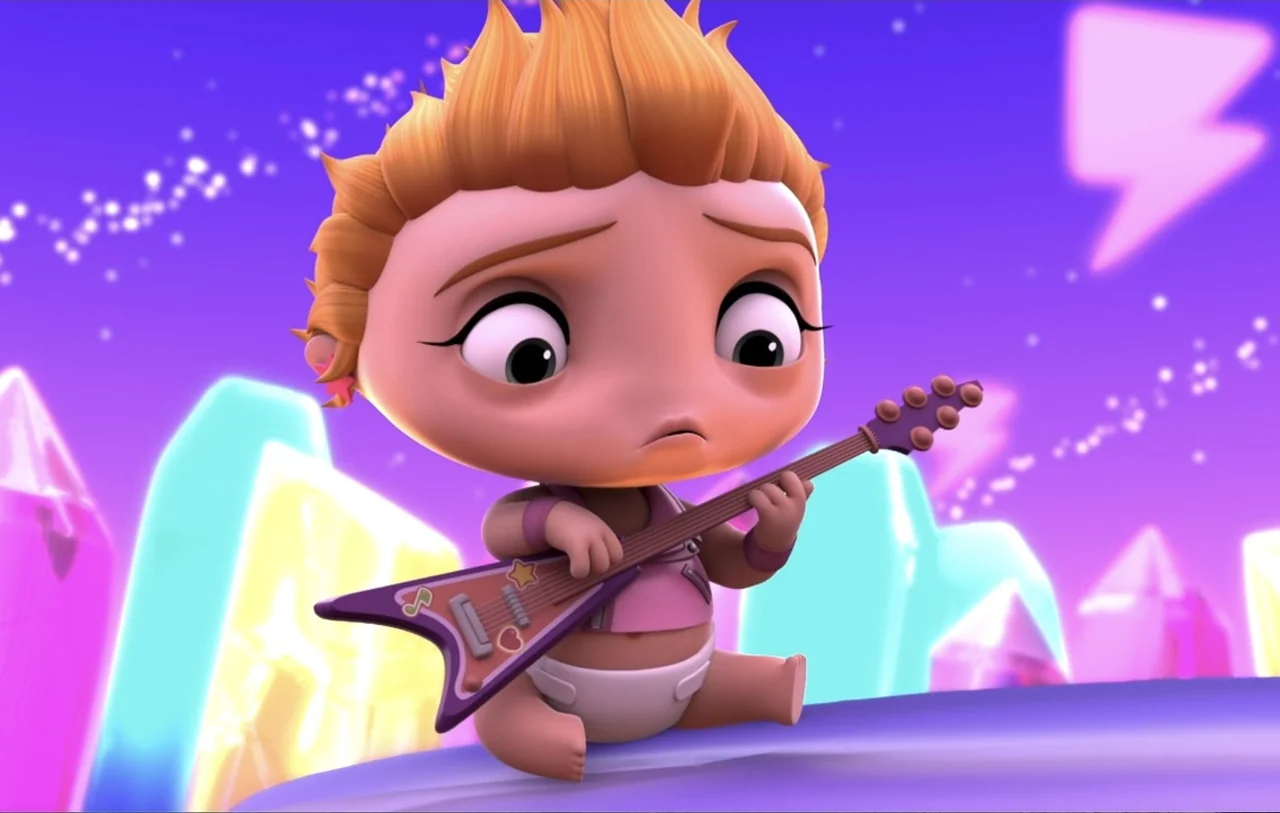 Mini Beat Power Rockers: The Movie (2022) movie still: medium — A cartoon baby sits amidst large glowing crystals in a surreal landscape. The infant…
