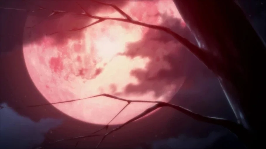 Hellsing Ultimate (2006) movie still: establishing — A giant crimson moon fills the night sky behind silhouetted, dark bare tree branches. Wispy…