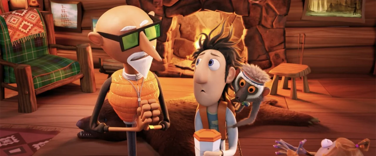 Cloudy with a Chance of Meatballs 2 (2013) movie still: medium — A rustic log cabin interior features a stone fireplace and wooden furniture. An…