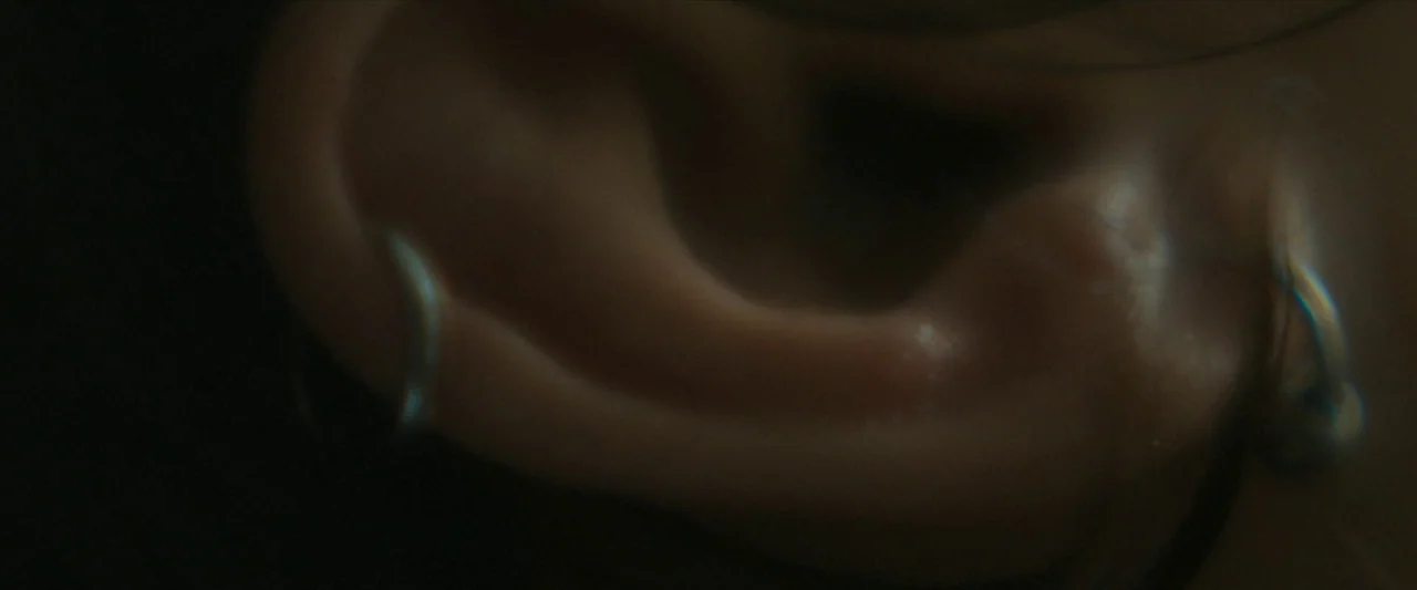 For Ellen (2012) movie still: closeup — A close-up view of a human ear in deep shadow. Two small metal hoops are pierced through the lobe and helix.