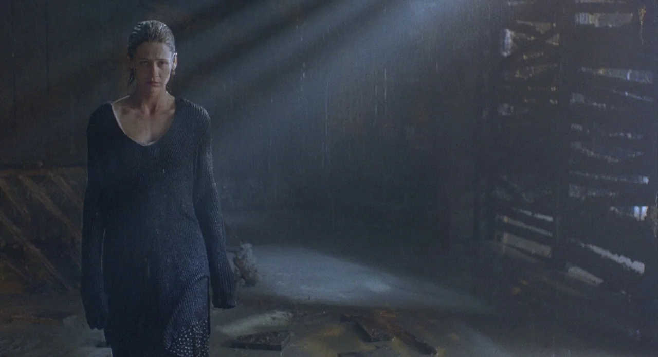 Candyman: Farewell to the Flesh (1995) movie still: fullbody — A dark, dilapidated basement with wooden wall slats and a wet concrete floor. A woman…