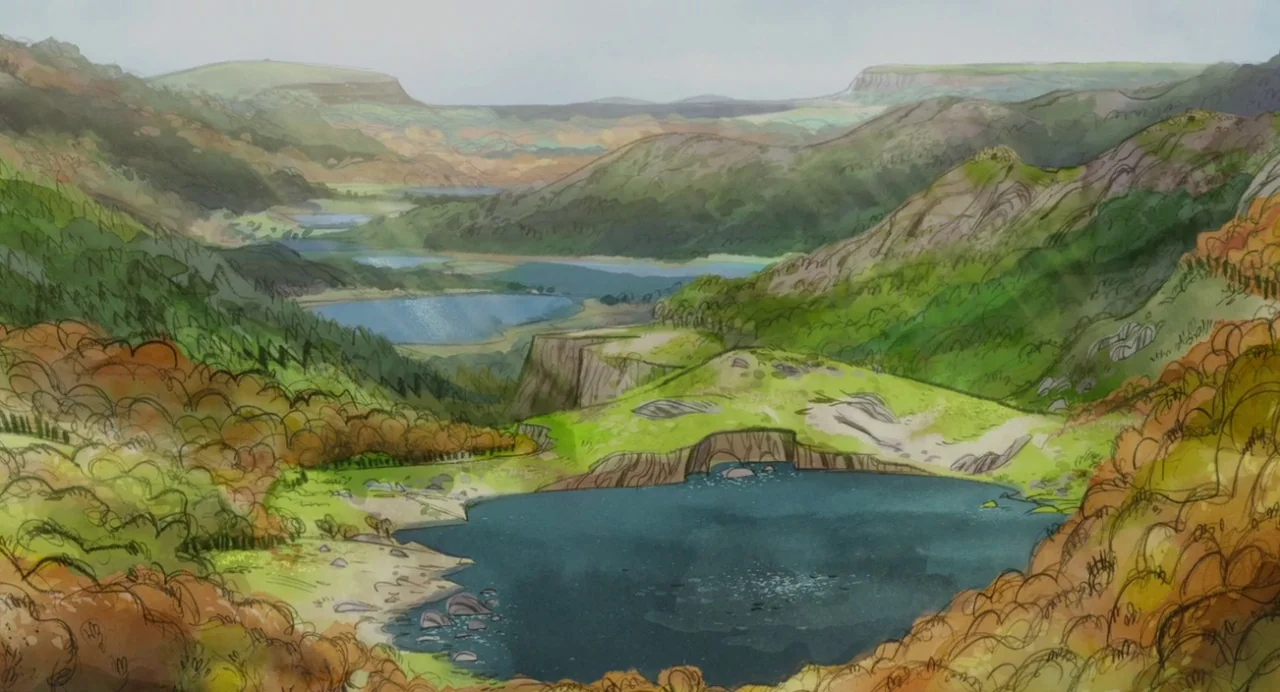 Wolfwalkers (2020) movie still: establishing — A wide valley landscape features rolling hills covered in dense green and orange vegetation. Multiple…