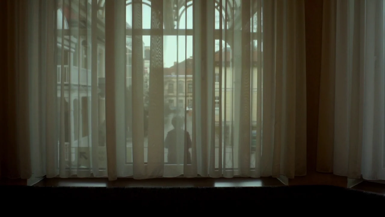 Museum Hours (2012) movie still: wide — A room interior features a large window covered by thin white semi-transparent curtains. A lone person…
