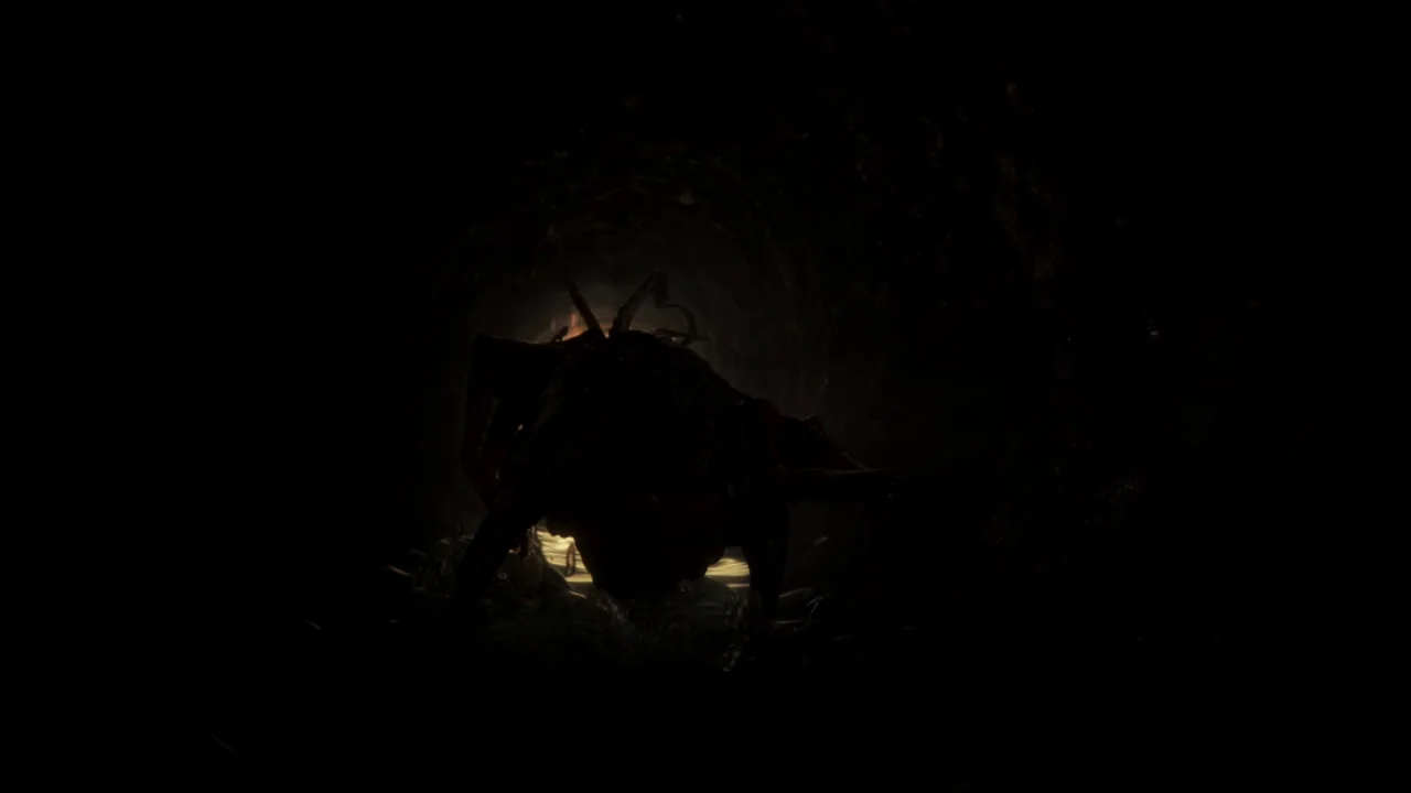 Piercing (2018) movie still: wide — A dark, narrow tunnel made of organic or rock-like material. A multi-legged creature sits in the center of the…